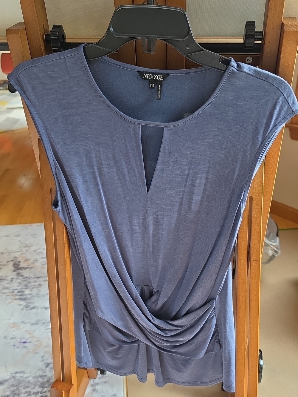 NIC+ZOE Slate-Blue Draped Knot Front Cap-Sleeve Tunic